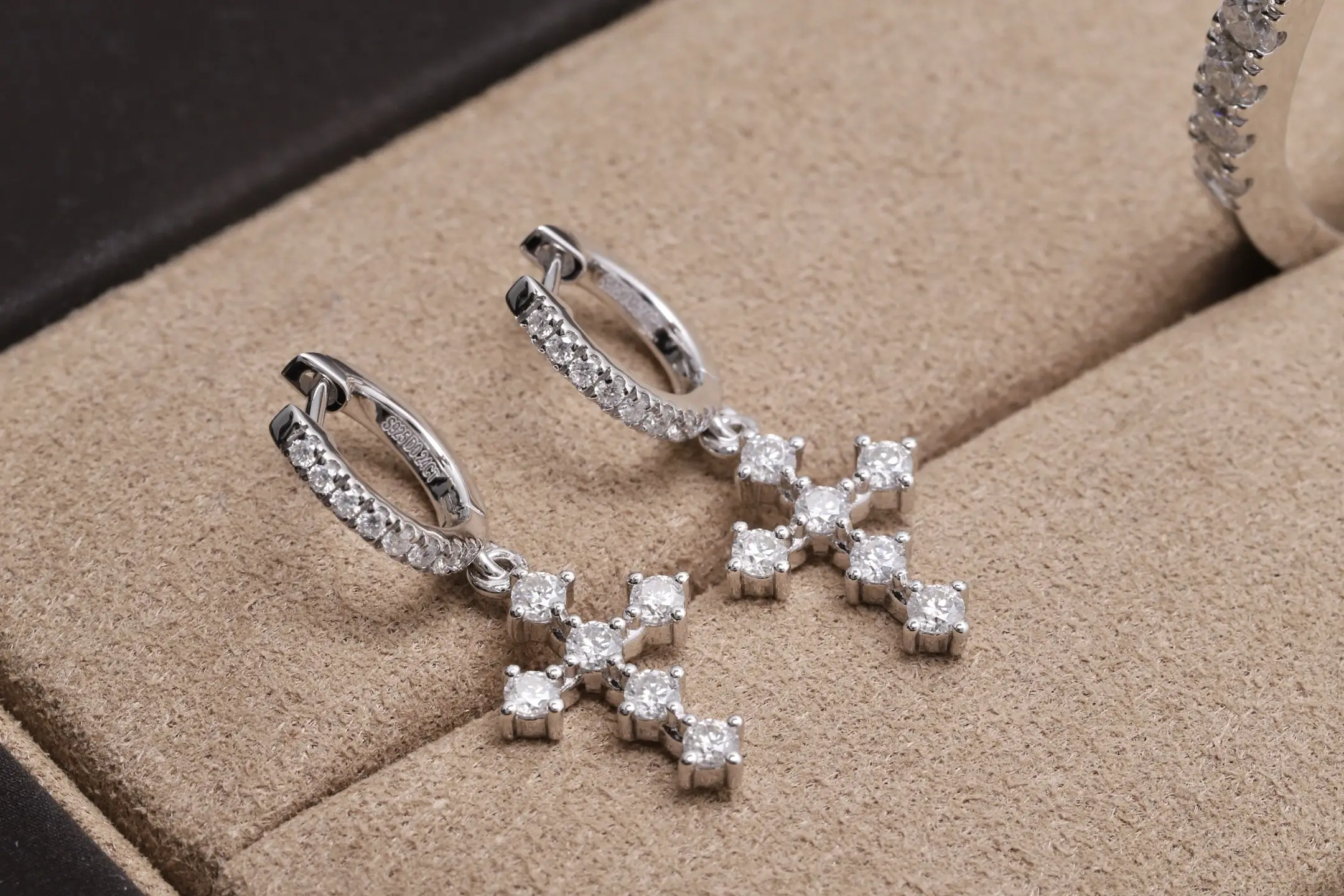 Moissanite Cross Drop Huggie Earrings (Sterling Silver) D19516686 — view 3