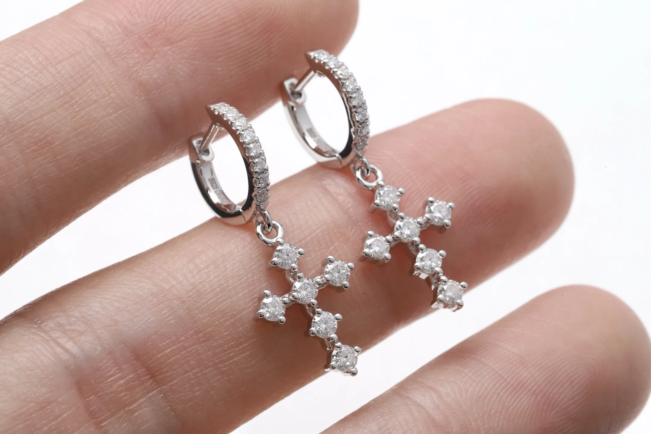 Moissanite Cross Drop Huggie Earrings (Sterling Silver) D19516686 — view 4