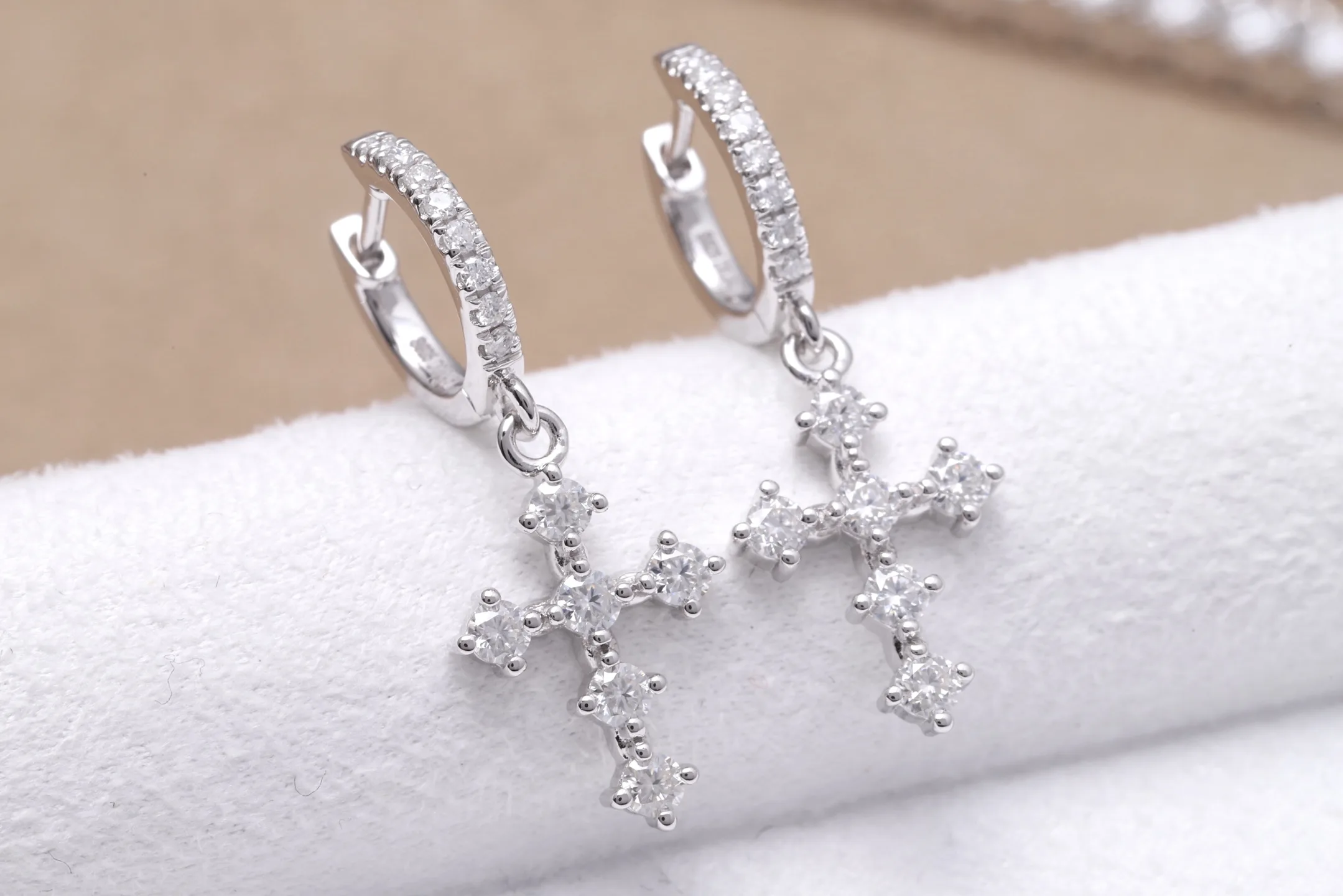 Moissanite Cross Drop Huggie Earrings (Sterling Silver) D19516686 — view 5