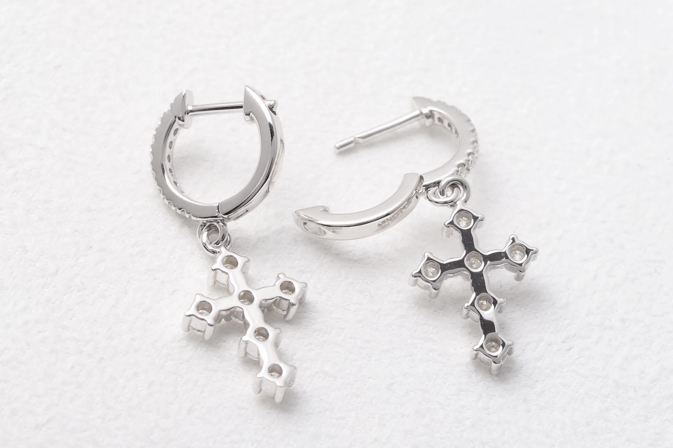 Moissanite Cross Drop Huggie Earrings (Sterling Silver) D19516686 — view 6