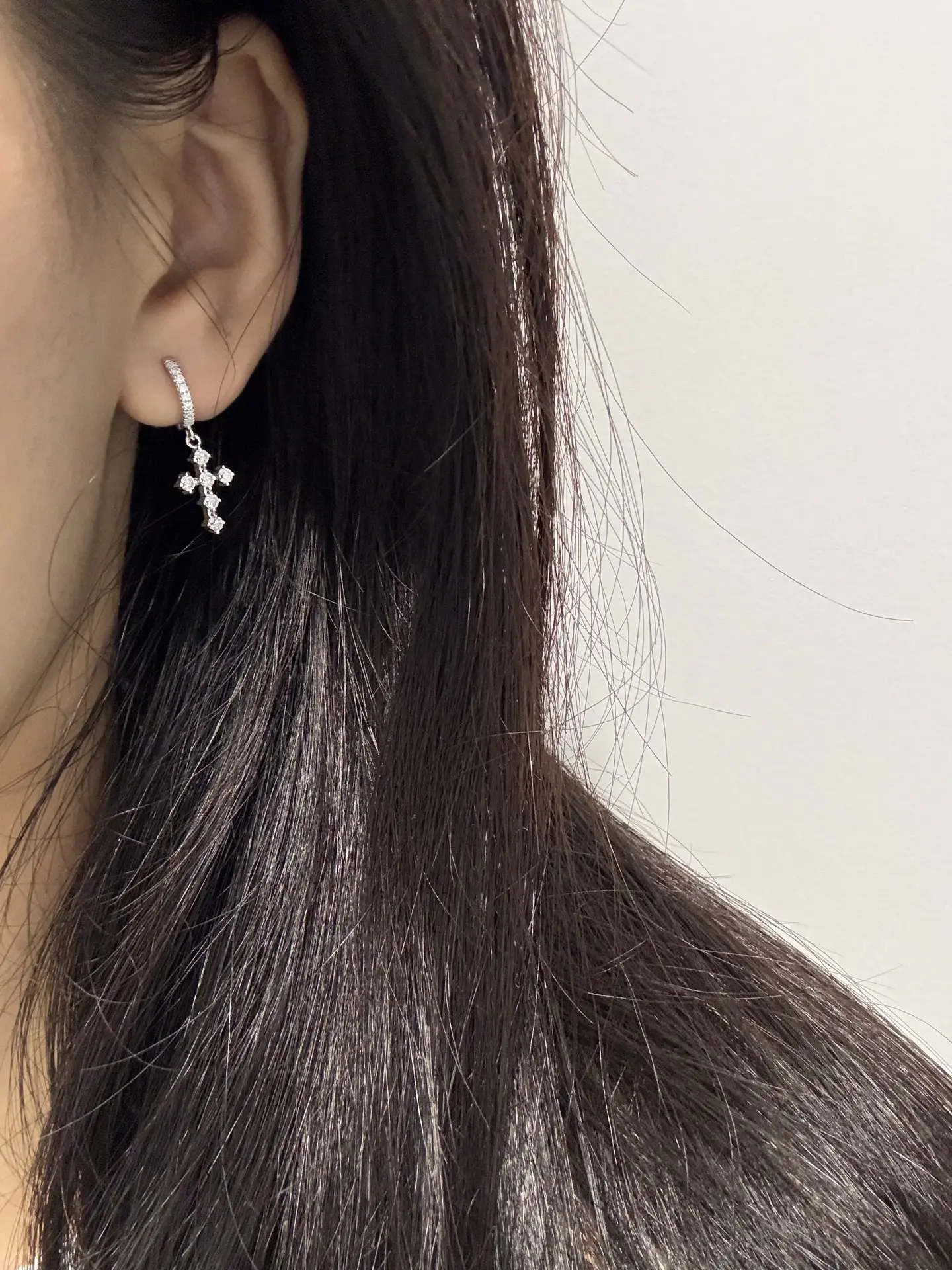 Moissanite Cross Drop Huggie Earrings (Sterling Silver) D19516686 — view 7