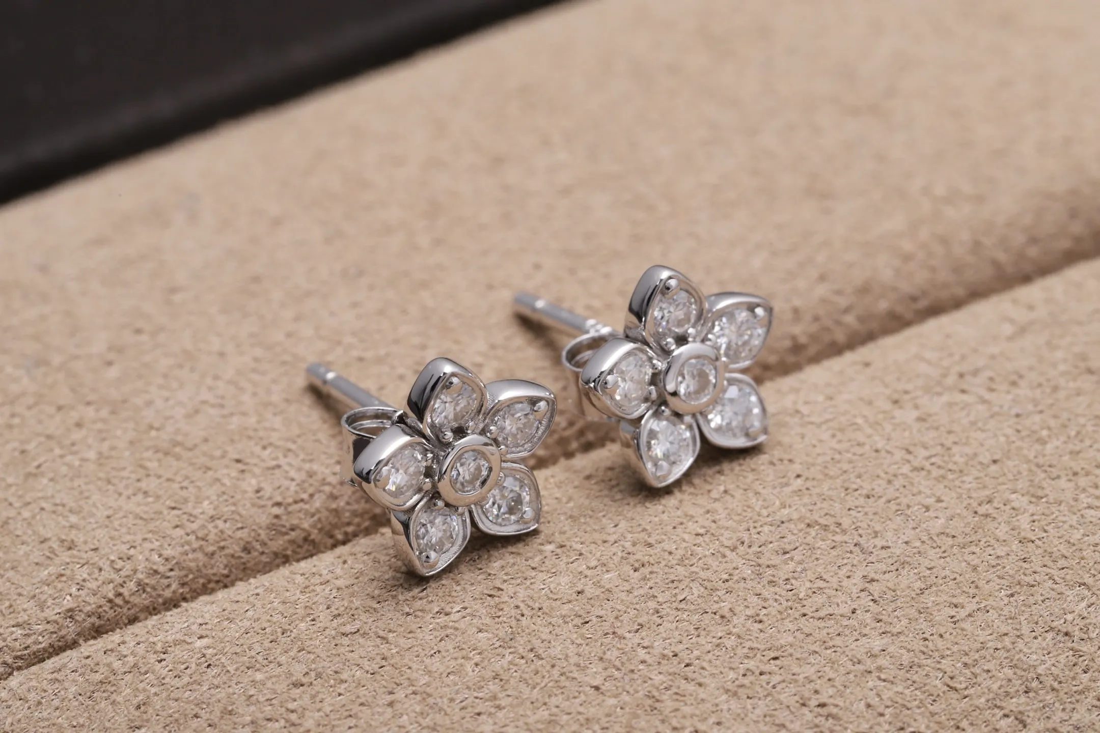 Moissanite Floral Stud Earrings (Sterling Silver) D15016712 — view 3