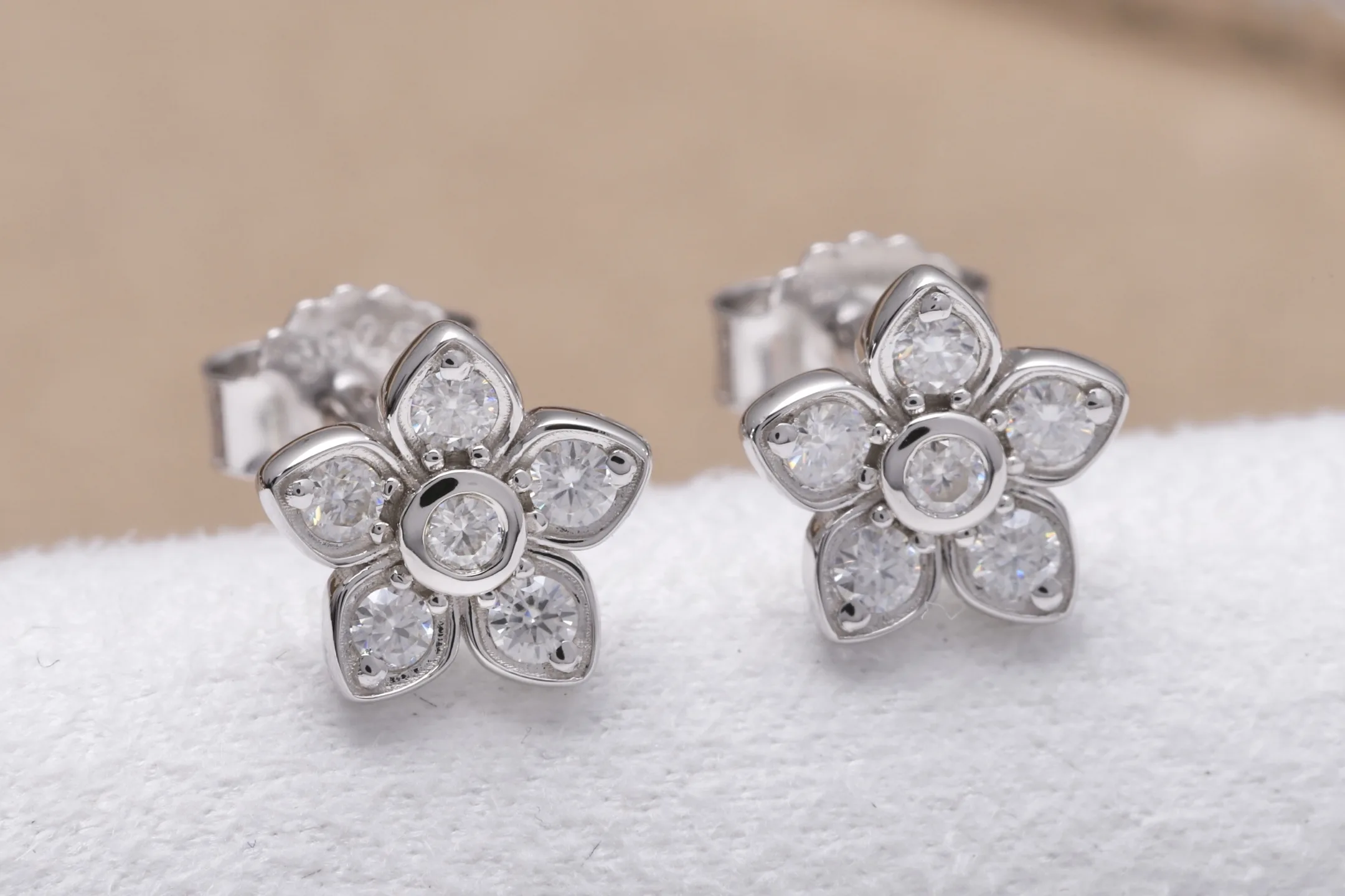 Moissanite Floral Stud Earrings (Sterling Silver) D15016712 — view 4