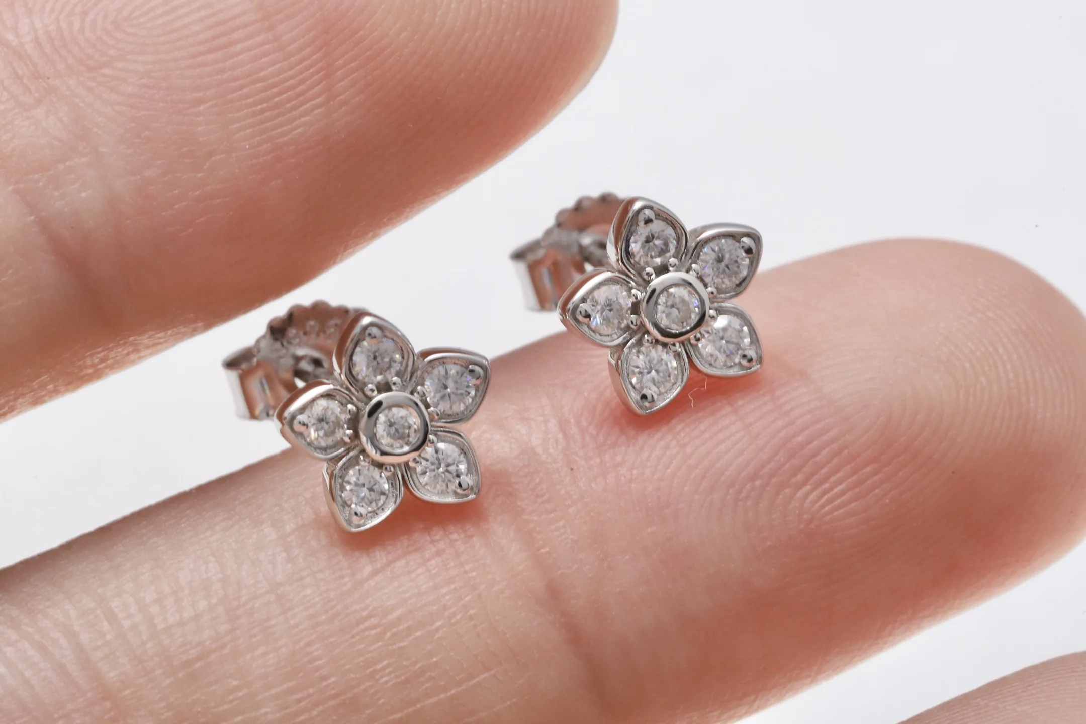 Moissanite Floral Stud Earrings (Sterling Silver) D15016712 — view 5