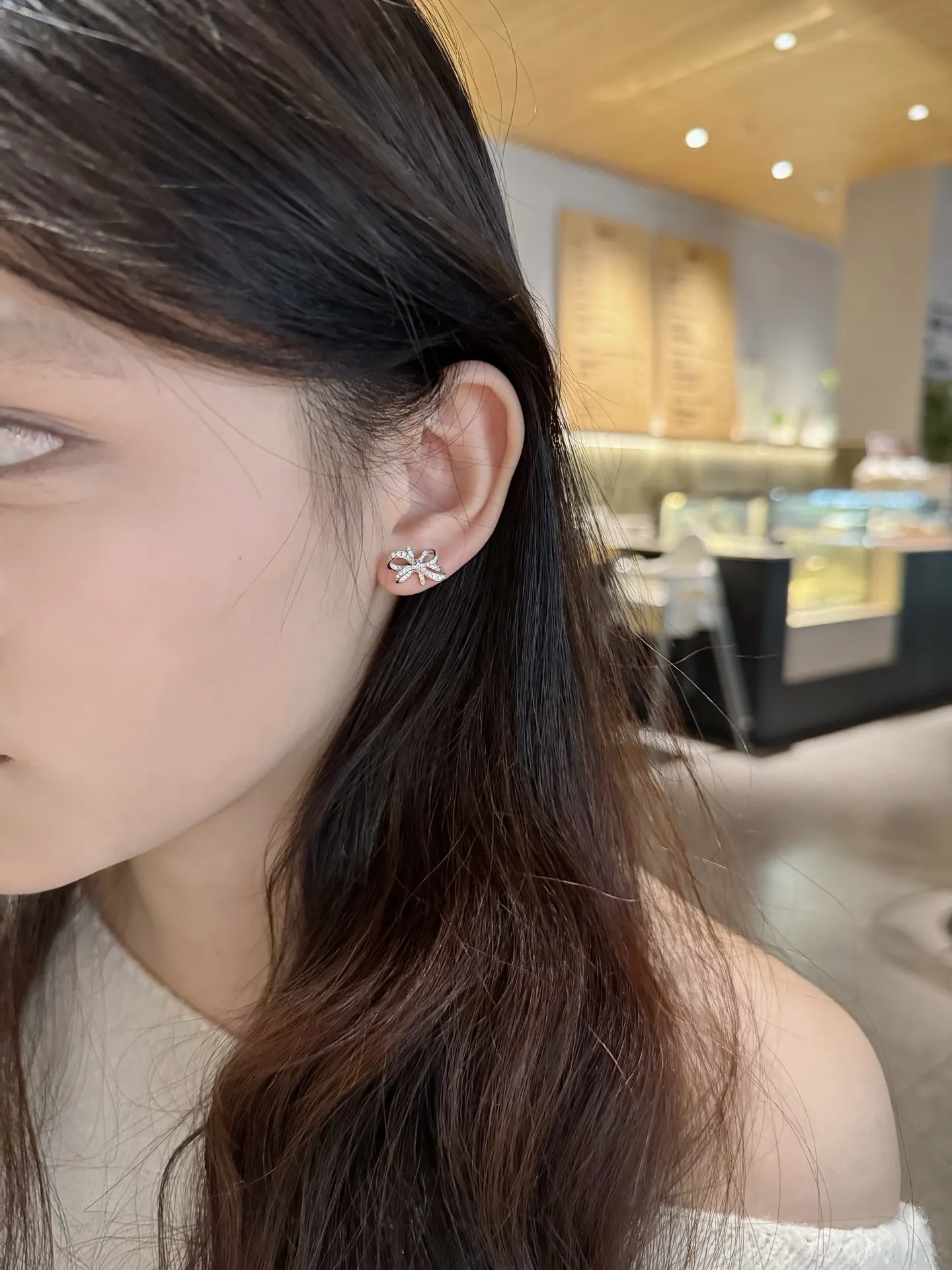 Moissanite Bow Stud Earrings (Sterling Silver) D32016698 — view 7