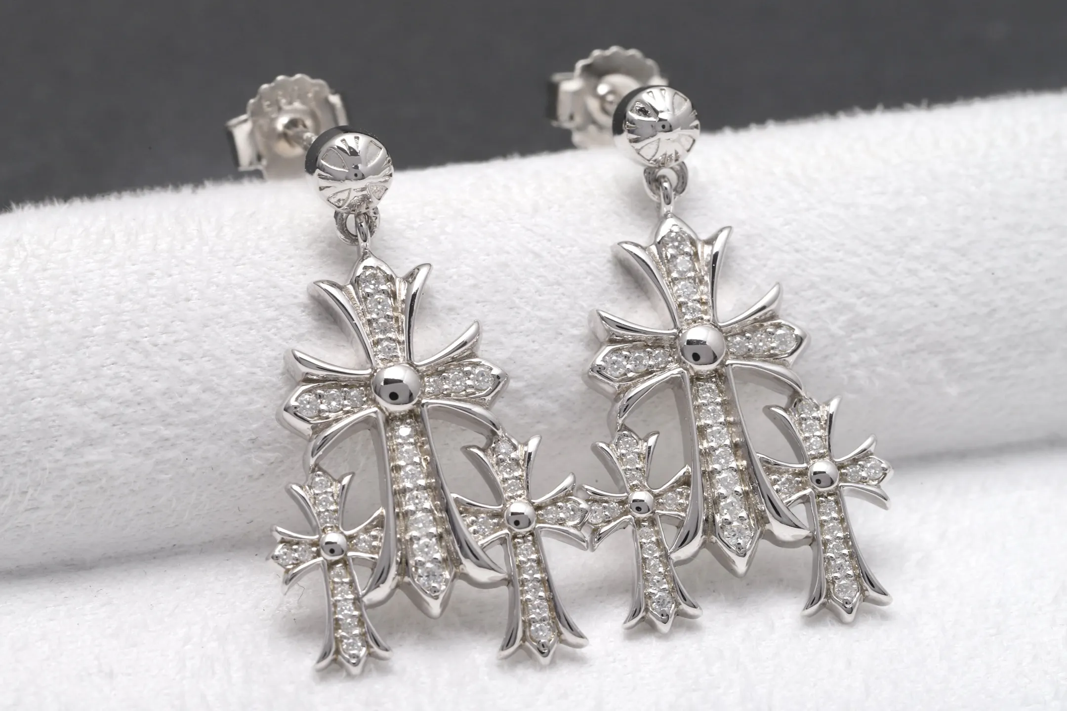 Moissanite Pavé Triple Cross Drop Earrings (Sterling Silver) D32016591 — view 4