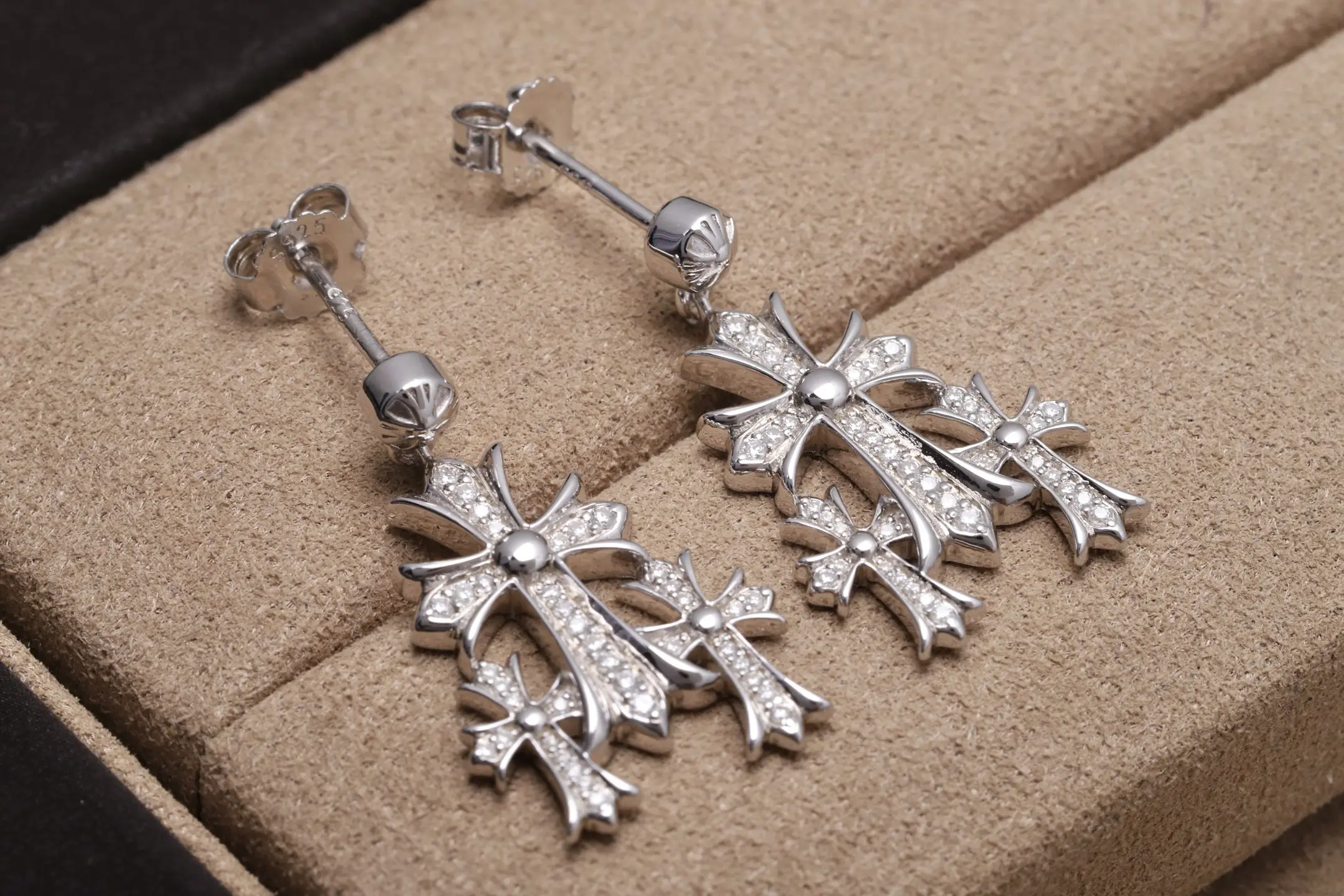 Moissanite Pavé Triple Cross Drop Earrings (Sterling Silver) D32016591 — view 5
