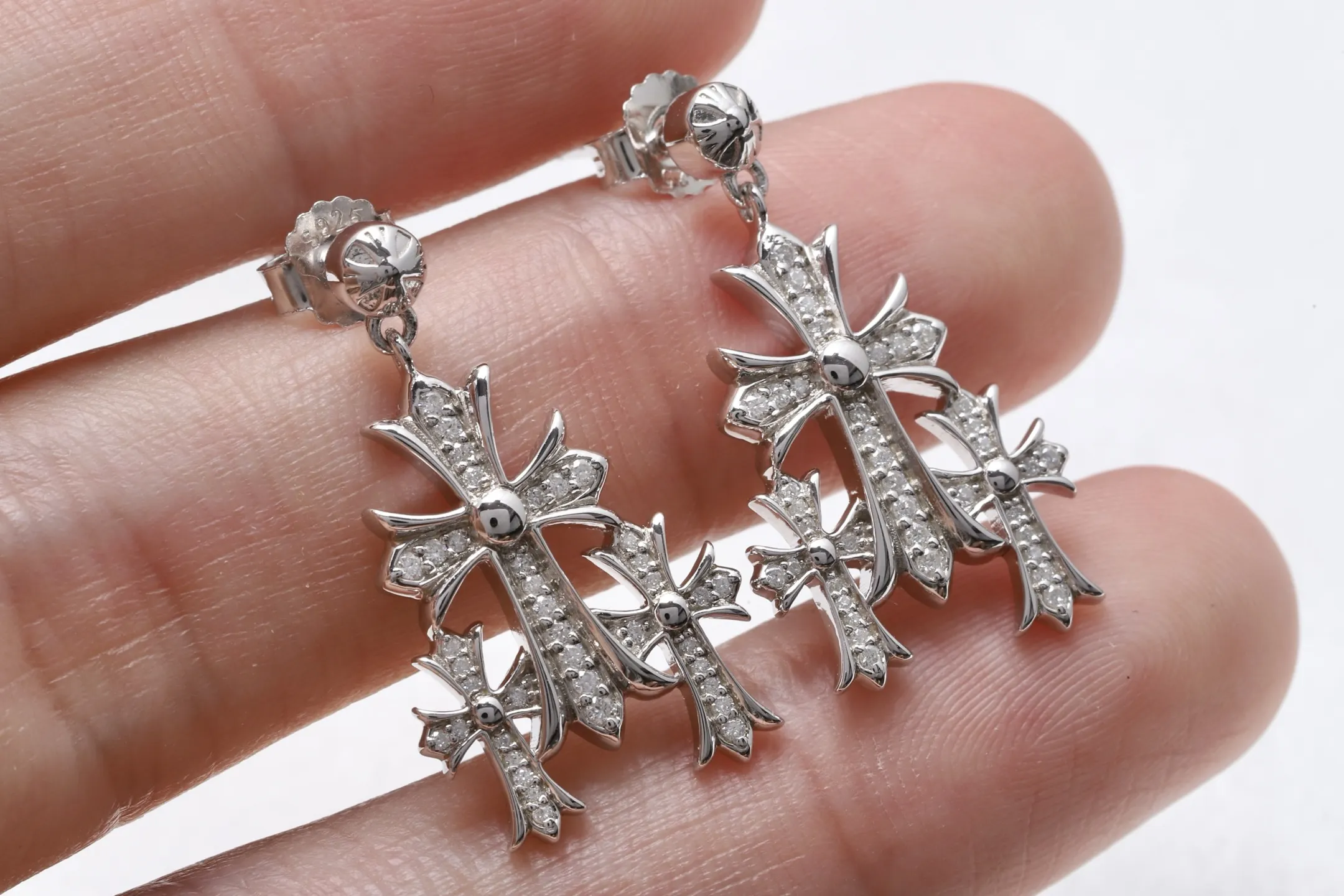 Moissanite Pavé Triple Cross Drop Earrings (Sterling Silver) D32016591 — view 7