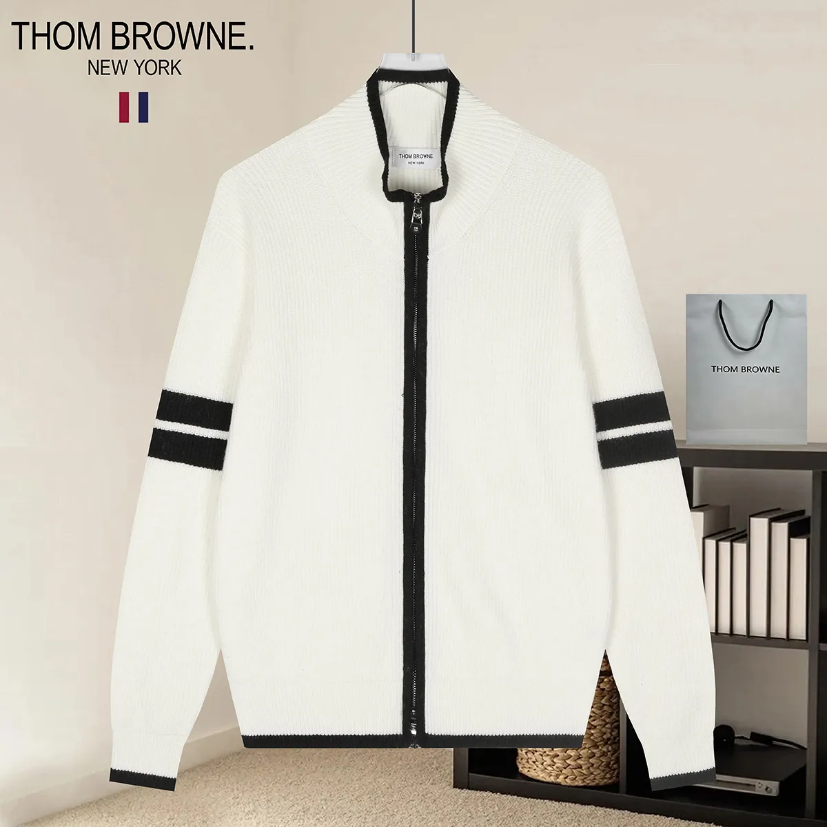 Striped Merino Wool Zip-Up Cardigan D22021584
