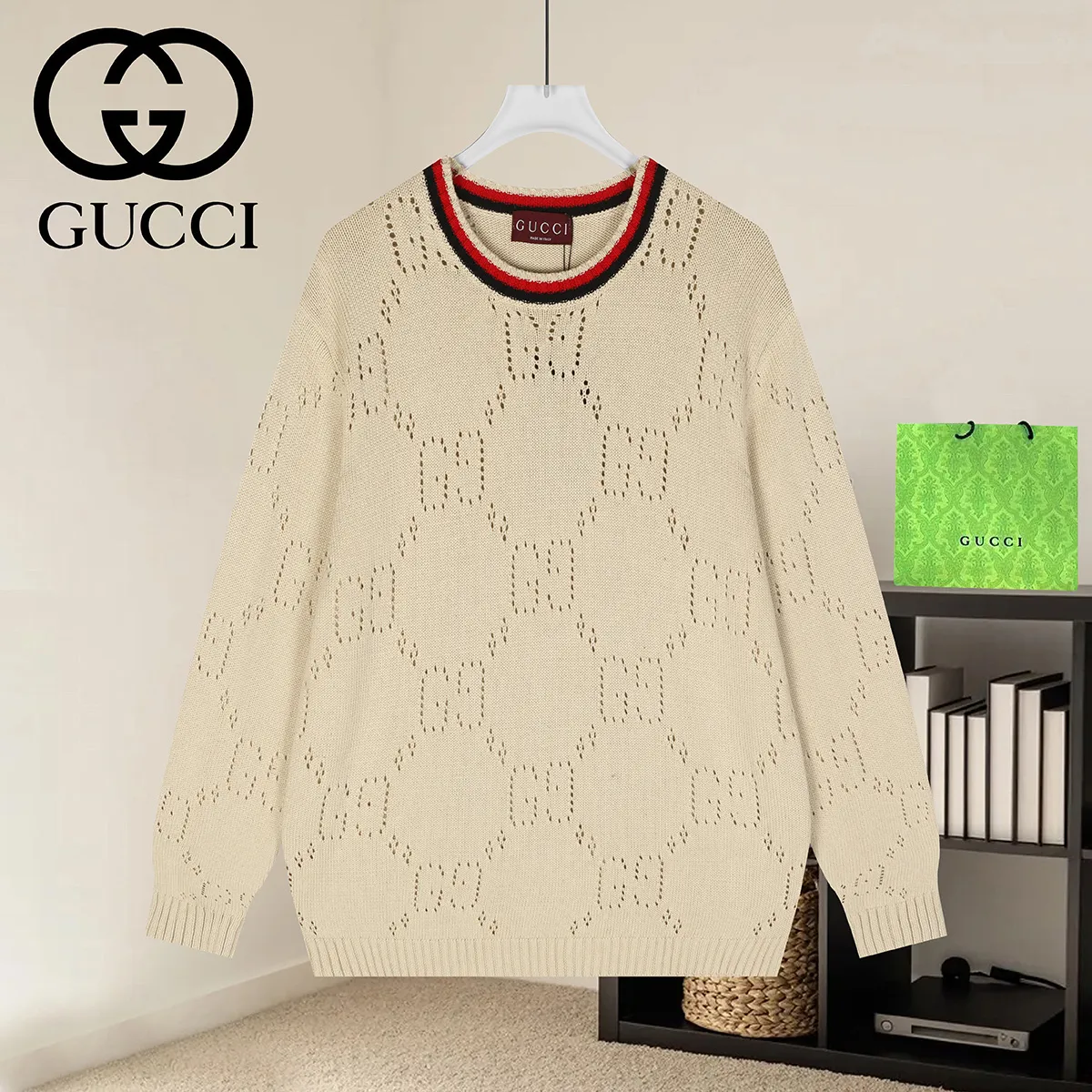 GG Perforated Wool Crew-Neck Sweater D18021640