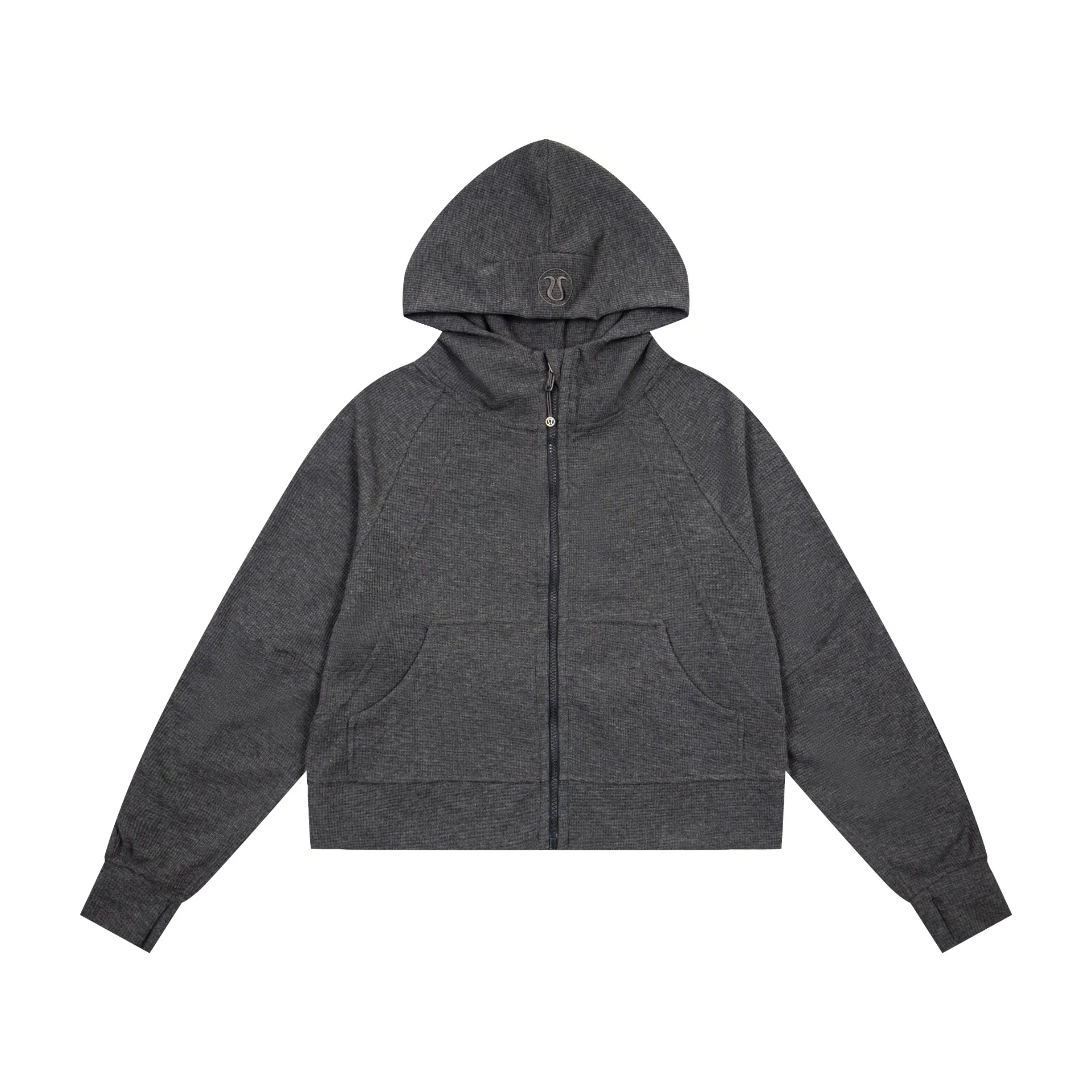 Waffle-Knit Cropped Zip-Up Hoodie D20021699