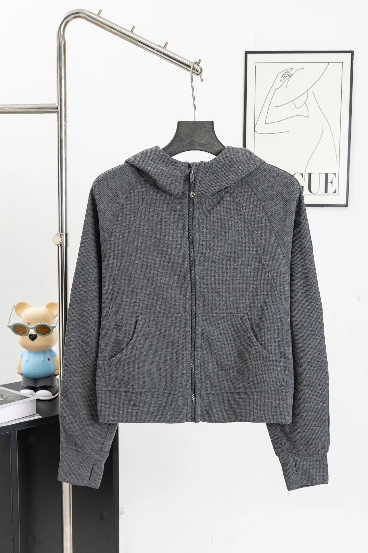 Waffle-Knit Cropped Zip-Up Hoodie D20021698