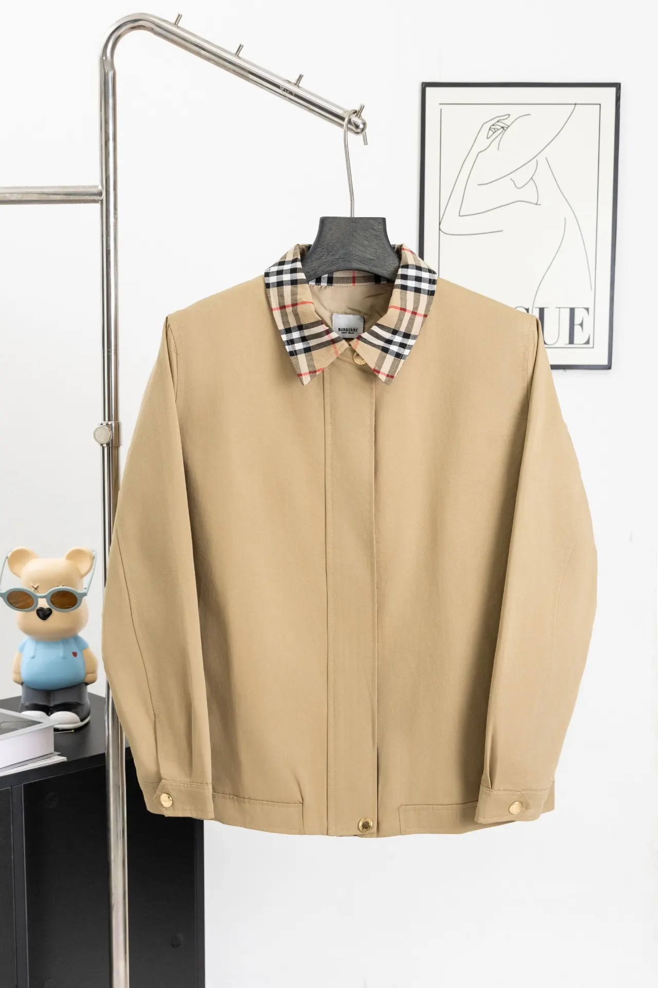 Check-Trim Cotton Blend Harrington Jacket D20521674