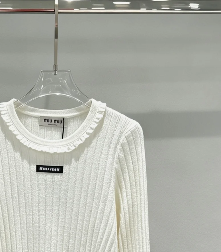 Ruffled Ribbed-Knit Cotton Sweater D23018993 — view 4