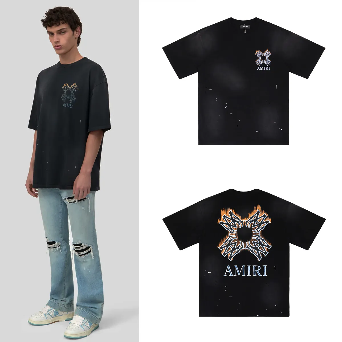 Quad Flames Distressed Oversized T-Shirt D8811799