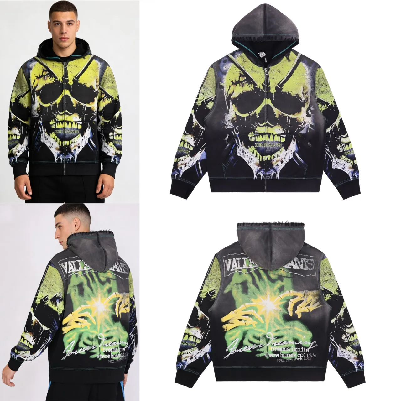 Skull Print Distressed Zip-Up Hoodie D15811744