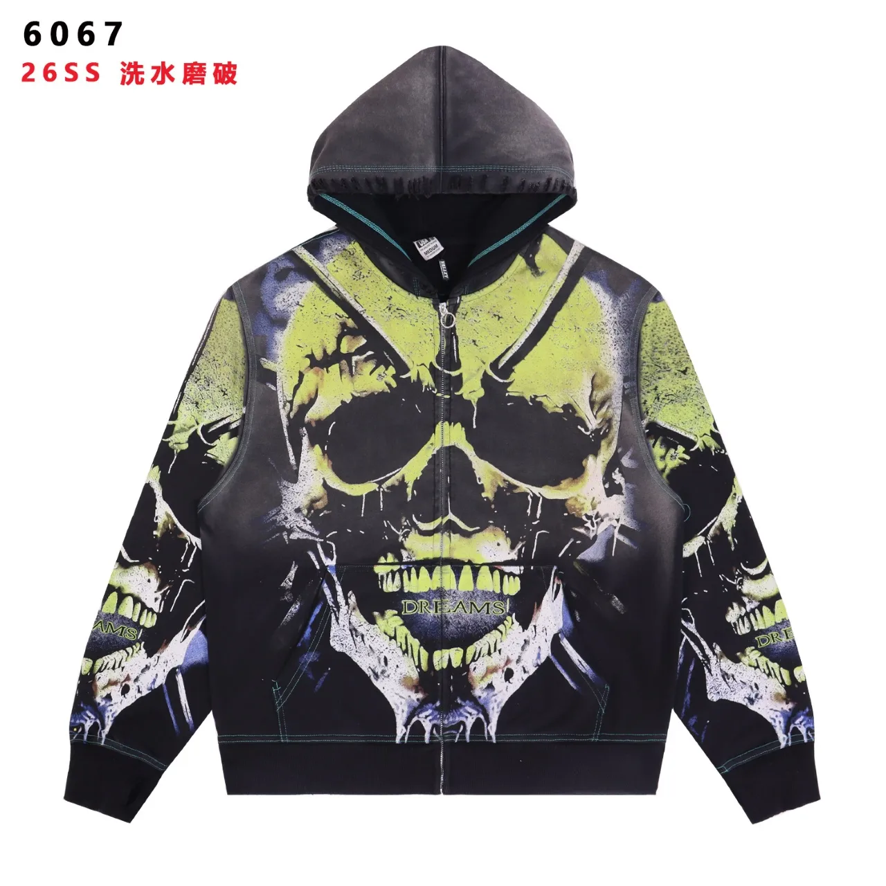 Skull Print Distressed Zip-Up Hoodie D15811744 — view 2