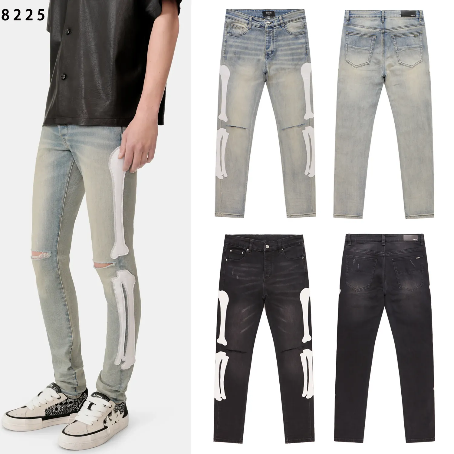 Skeleton Appliqué Distressed Slim-Fit Jeans D13811807