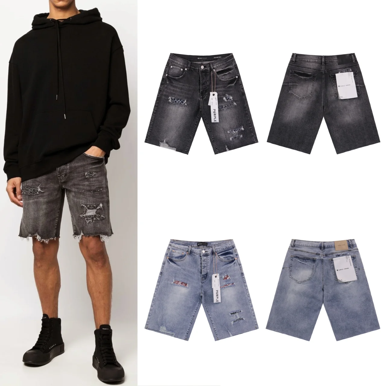 Distressed Patchwork Denim Shorts D11811862