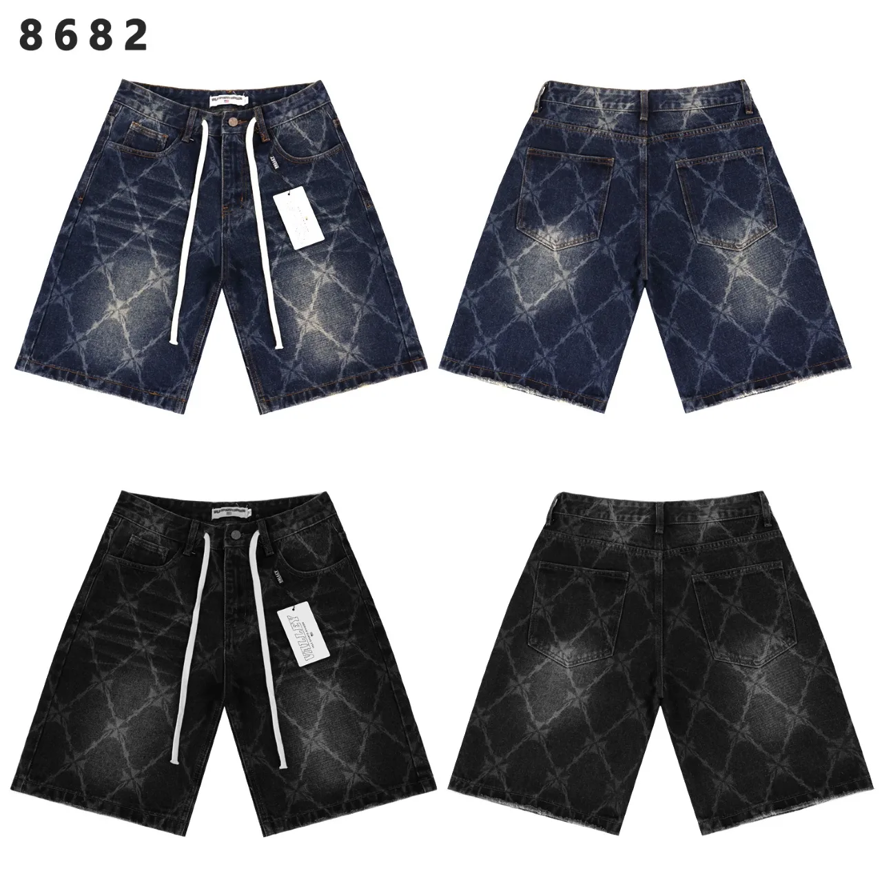 Laser-Etched Diamond Pattern Denim Shorts D10811796