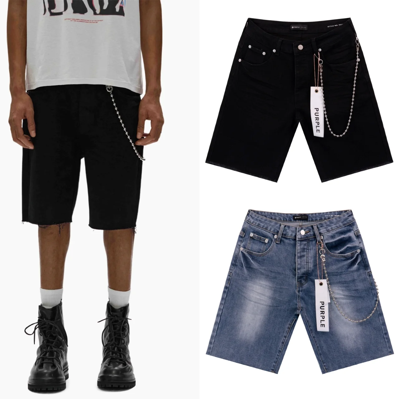 Washed Denim Shorts with Wallet Chain D10511863