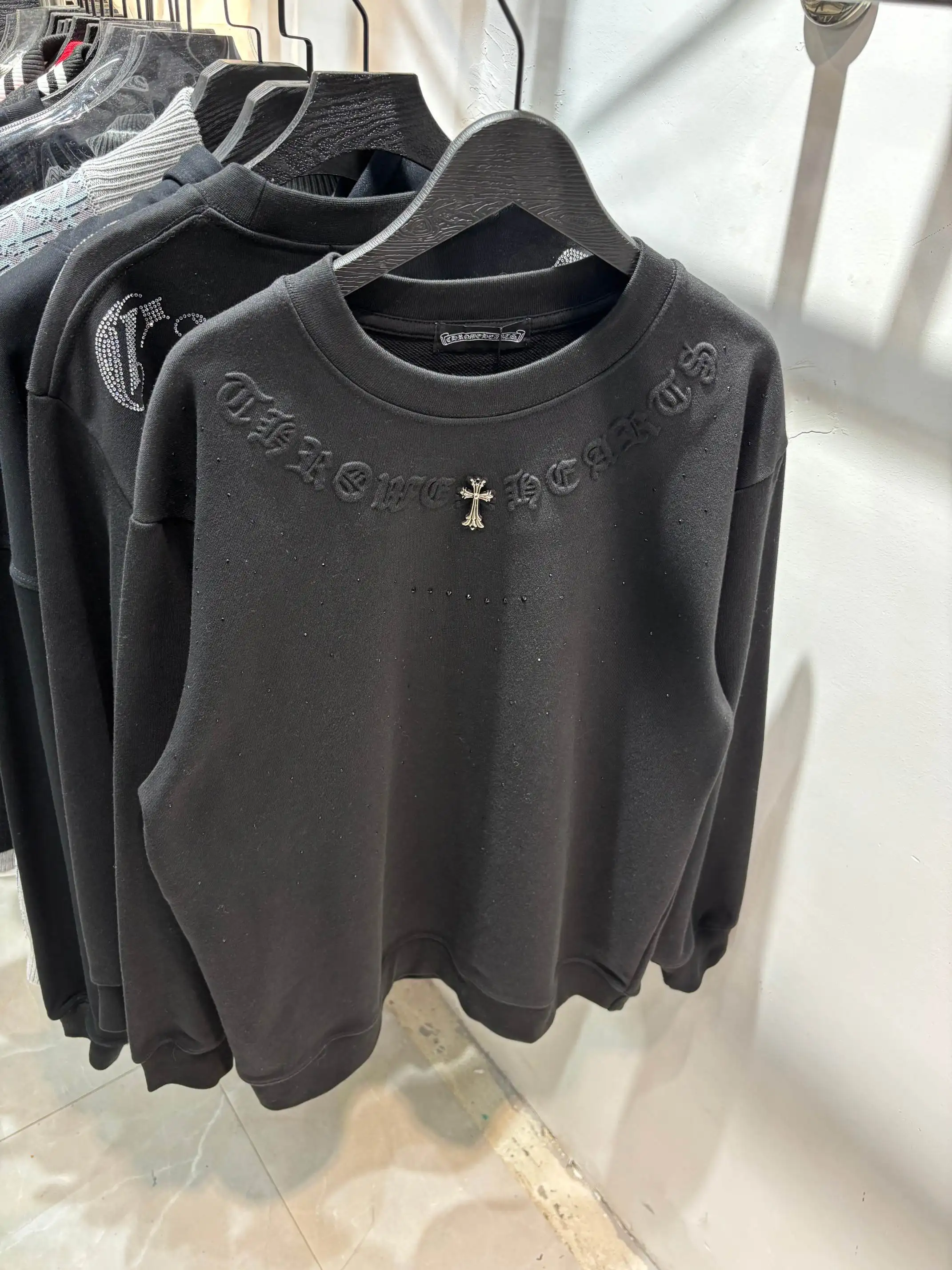 Embossed Logo Rhinestone Crew-Neck Sweatshirt D14513443