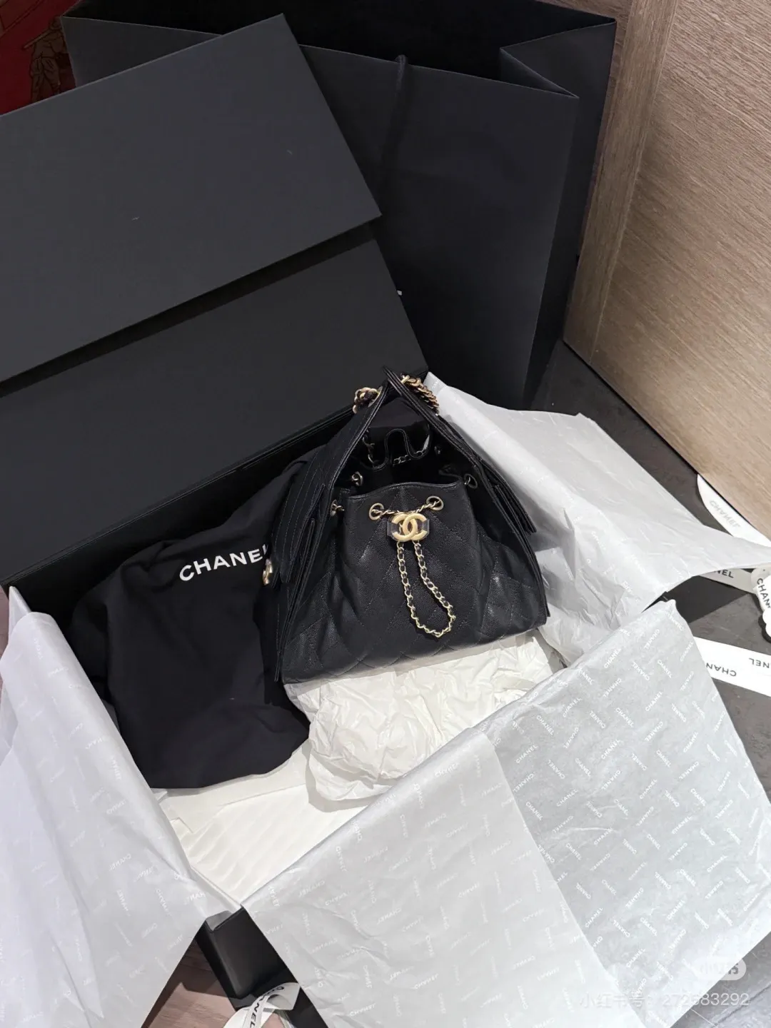 Chanel Caviar Leather Drawstring Bucket Bag D38018034 — view 3