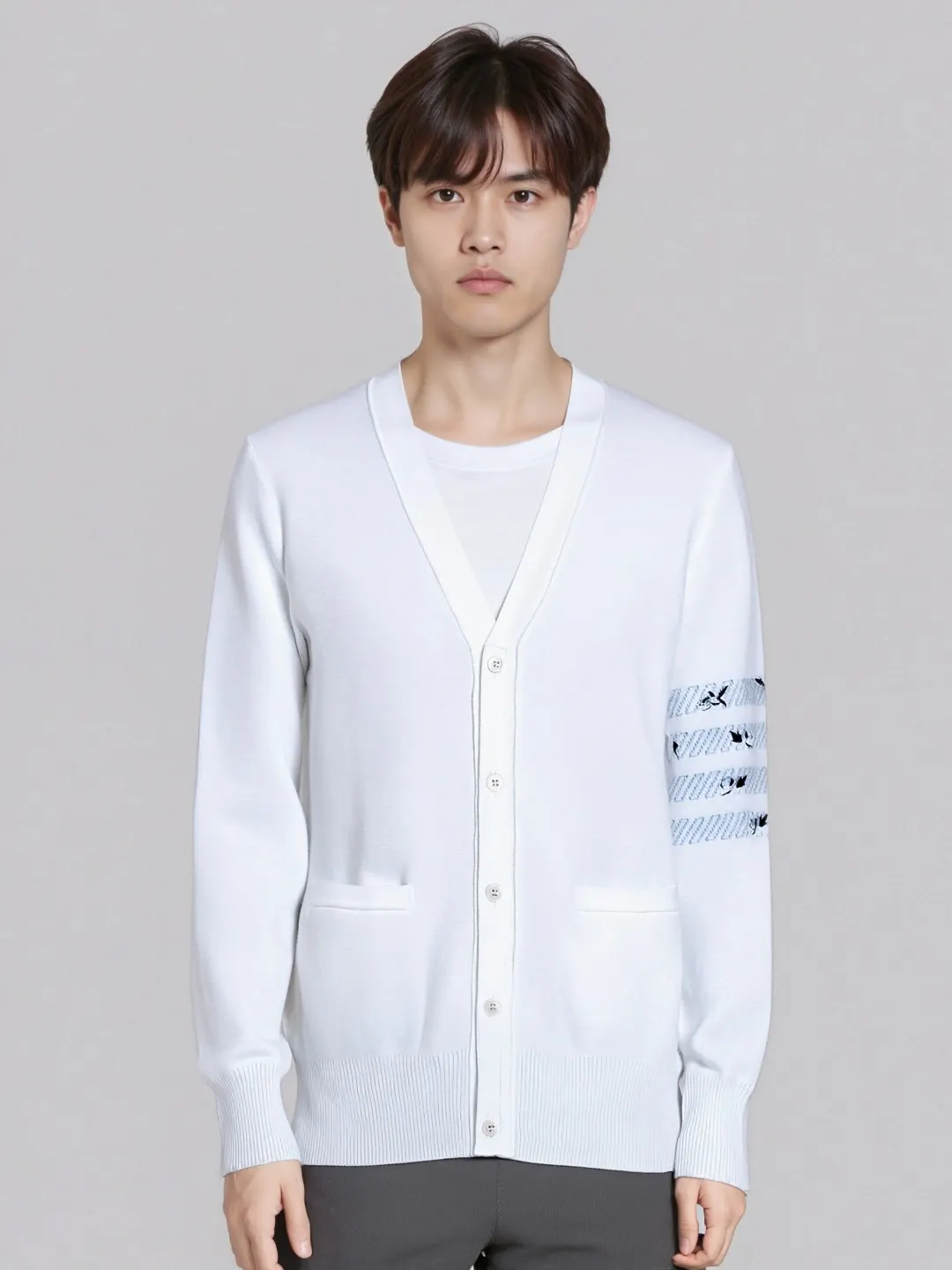 Rose Embroidery 4-Bar Stripe Knit Cardigan D25012683