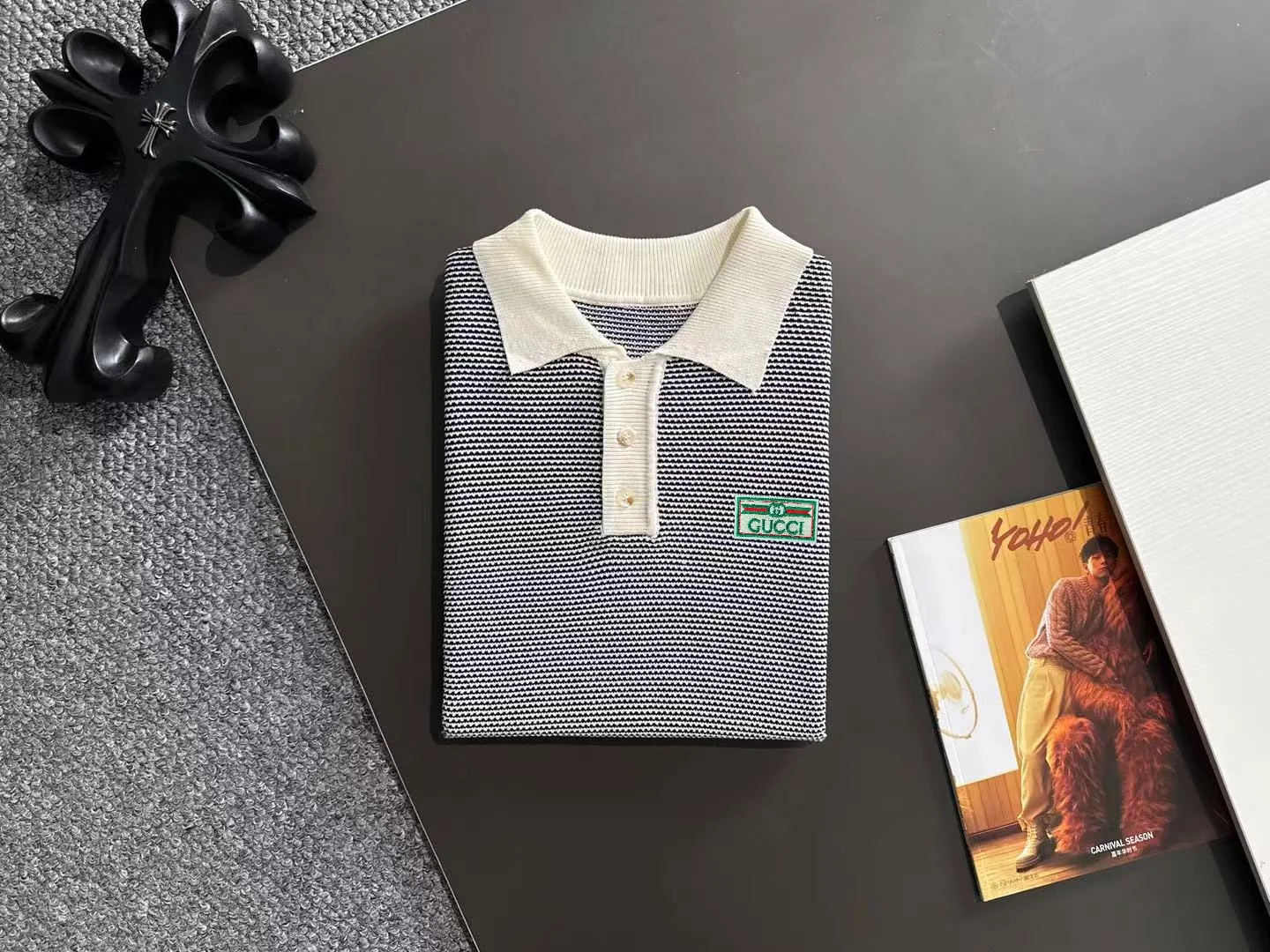 Textured Striped Knit Polo Shirt D20014845 — view 8