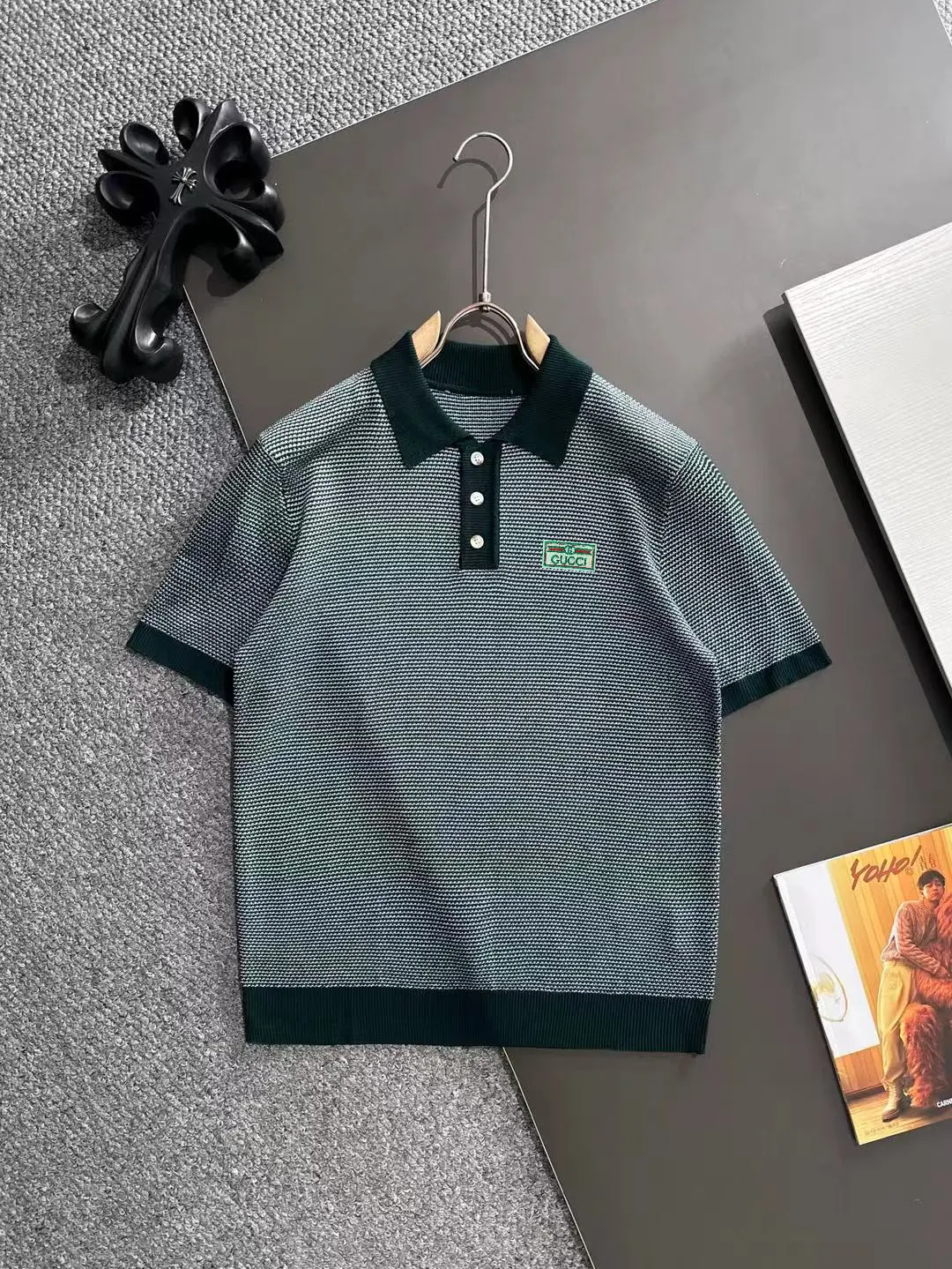 Contrast-Collar Striped Knit Polo Shirt D20014844
