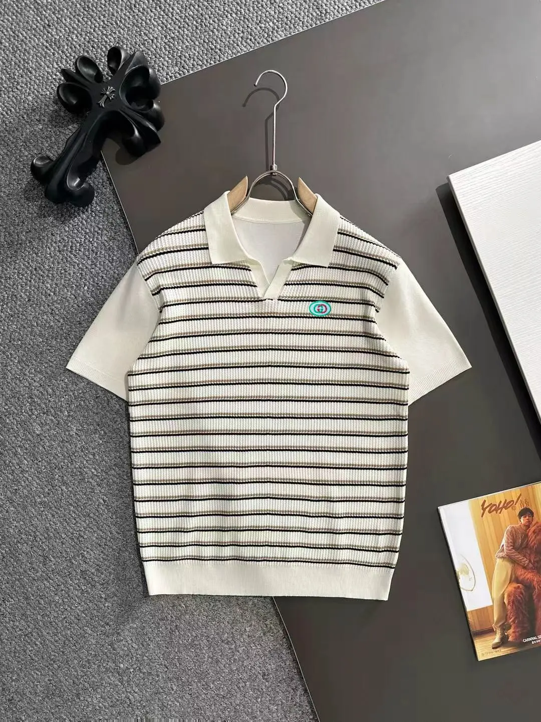 Striped Knit V-Neck Polo Shirt D20014854