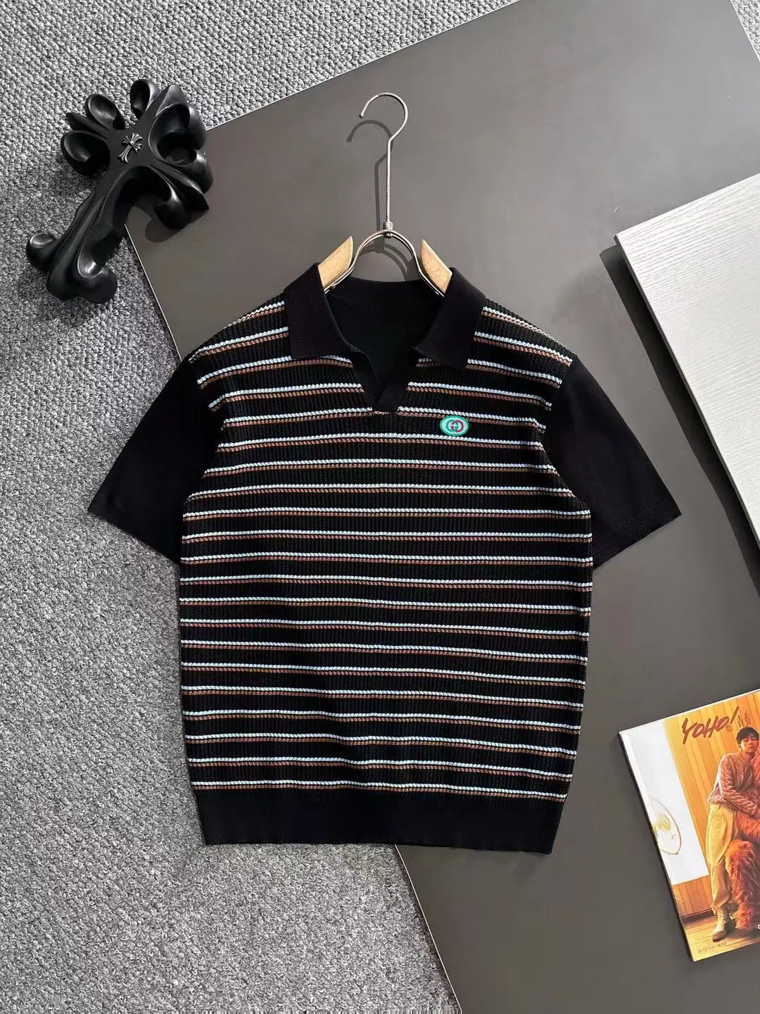 Striped Knit V-Neck Polo Shirt D20014855