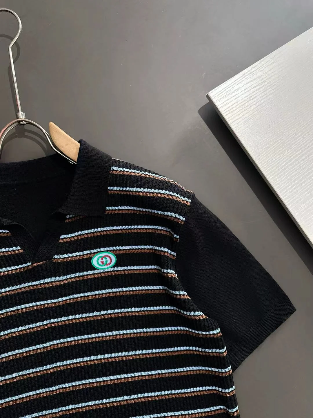 Striped Knit V-Neck Polo Shirt D20014855 — view 2