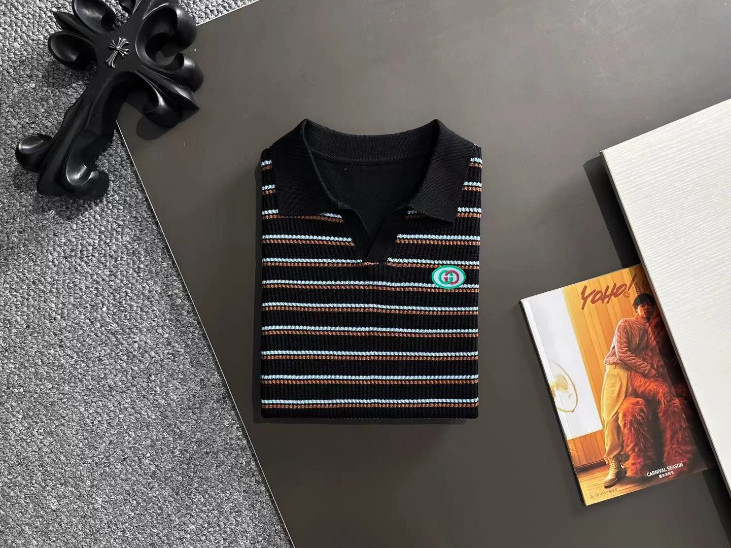Striped Knit V-Neck Polo Shirt D20014855 — view 8