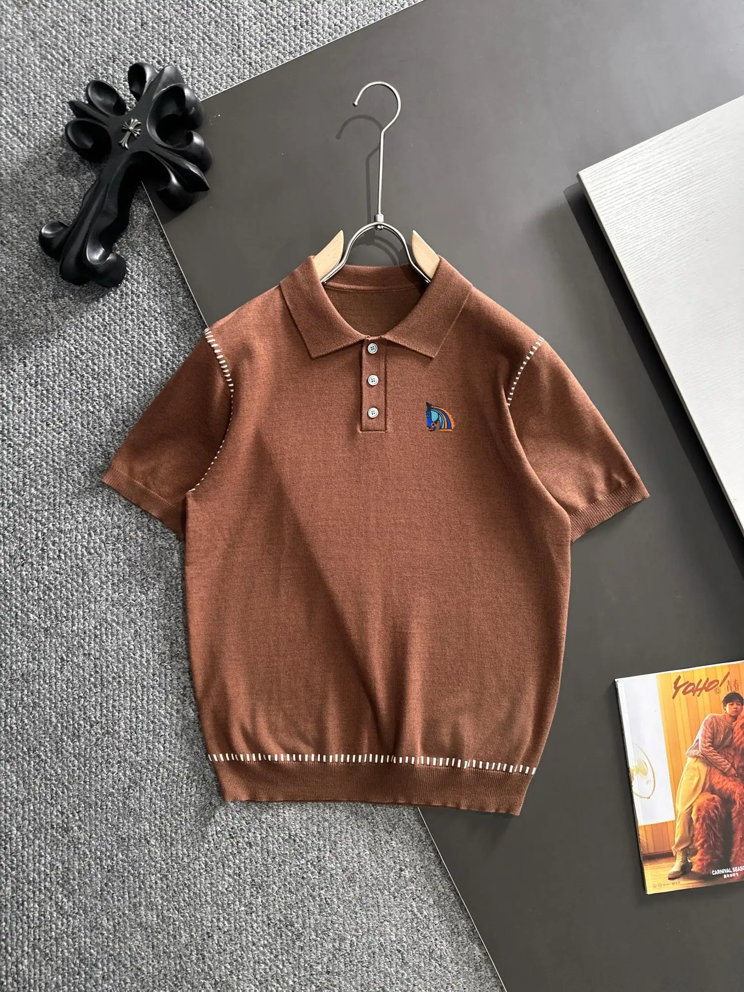 Contrast-Stitch Knit Polo Shirt D20014796