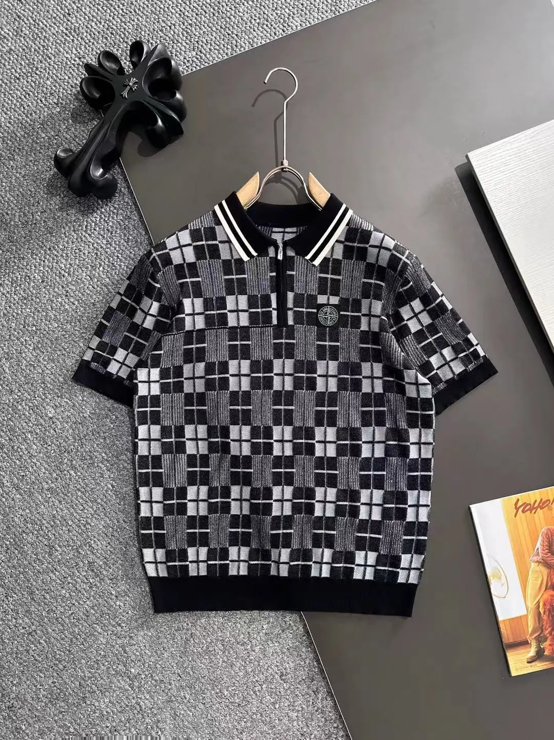 Checkered Knit Half-Zip Polo Shirt D20014783