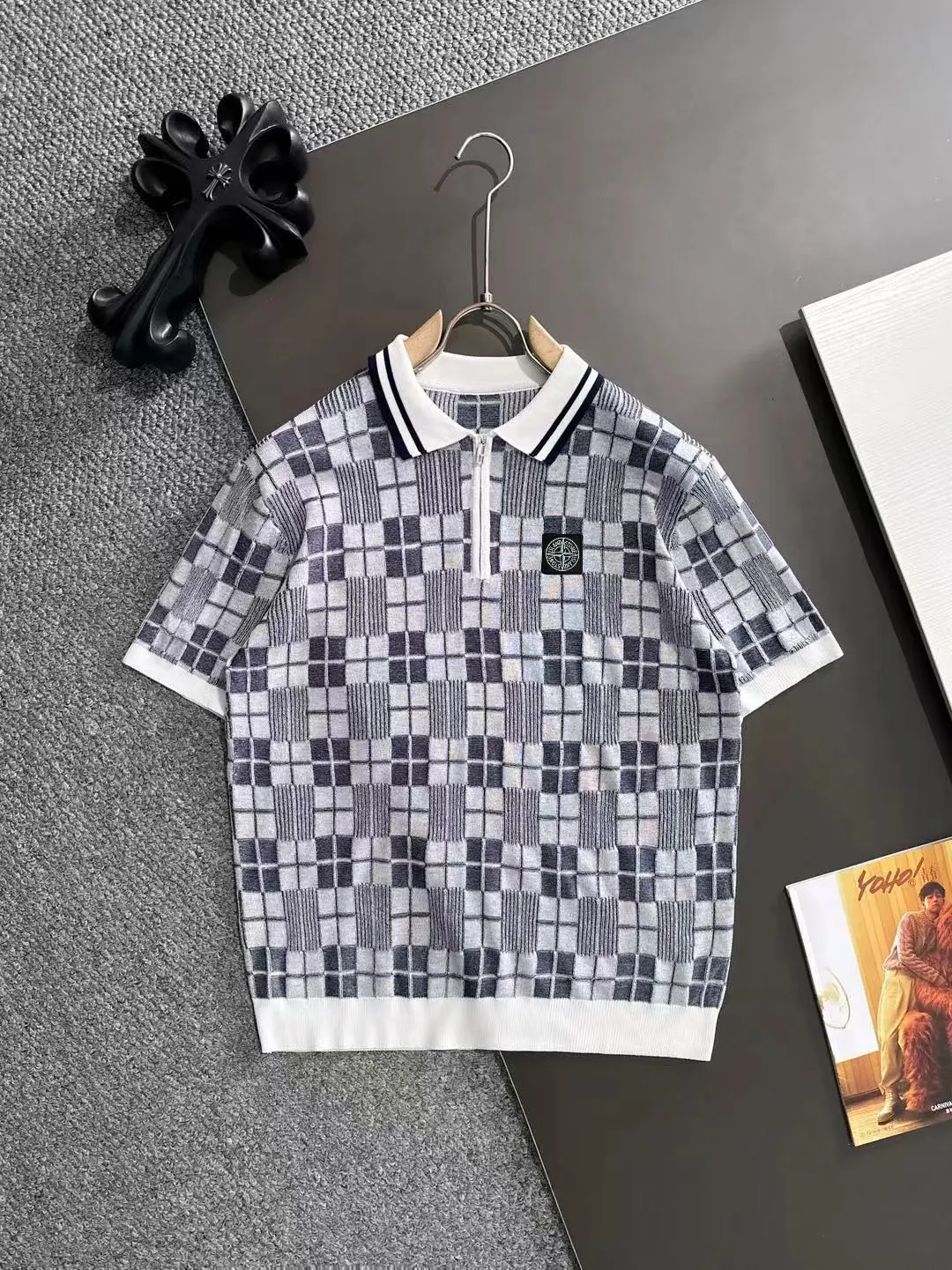 Checkered Jacquard Knit Half-Zip Polo Shirt D20014784