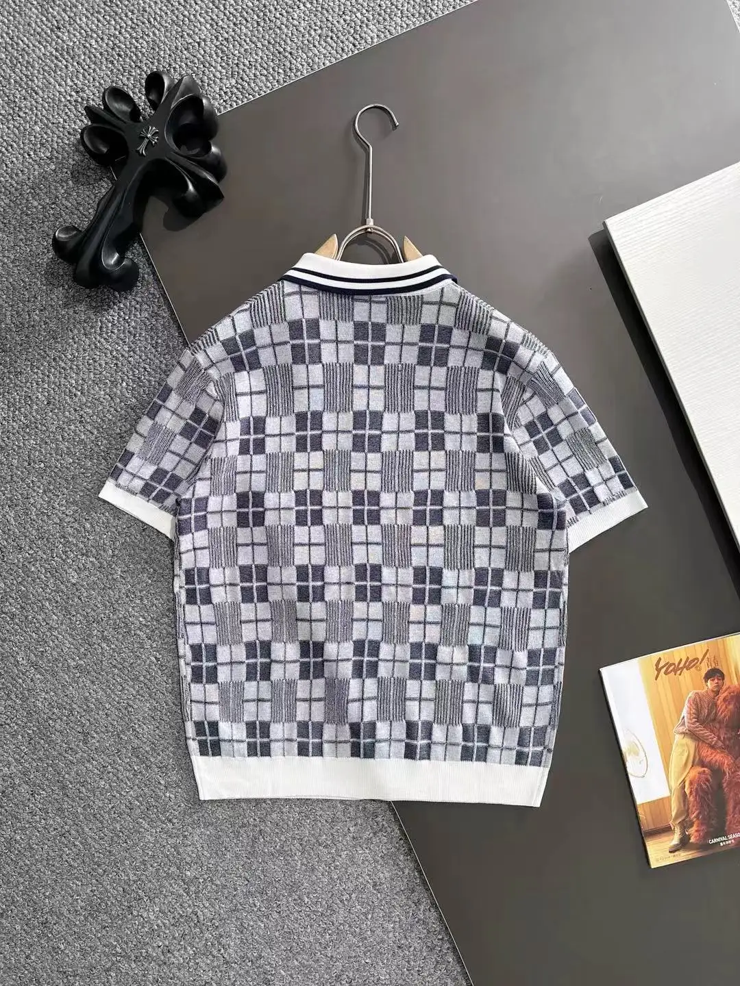 Checkered Jacquard Knit Half-Zip Polo Shirt D20014784 — view 9