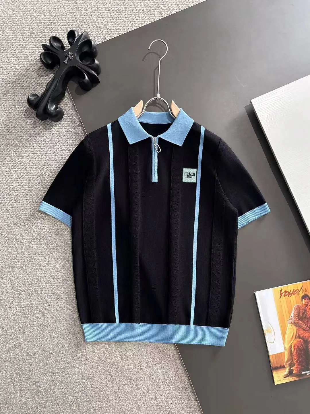 Contrast-Stripe Half-Zip Knit Polo Shirt D20014819