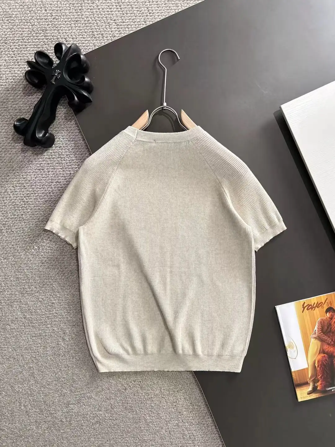 Moncler Ribbed Knit Short-Sleeve Sweater D20014757 — view 9