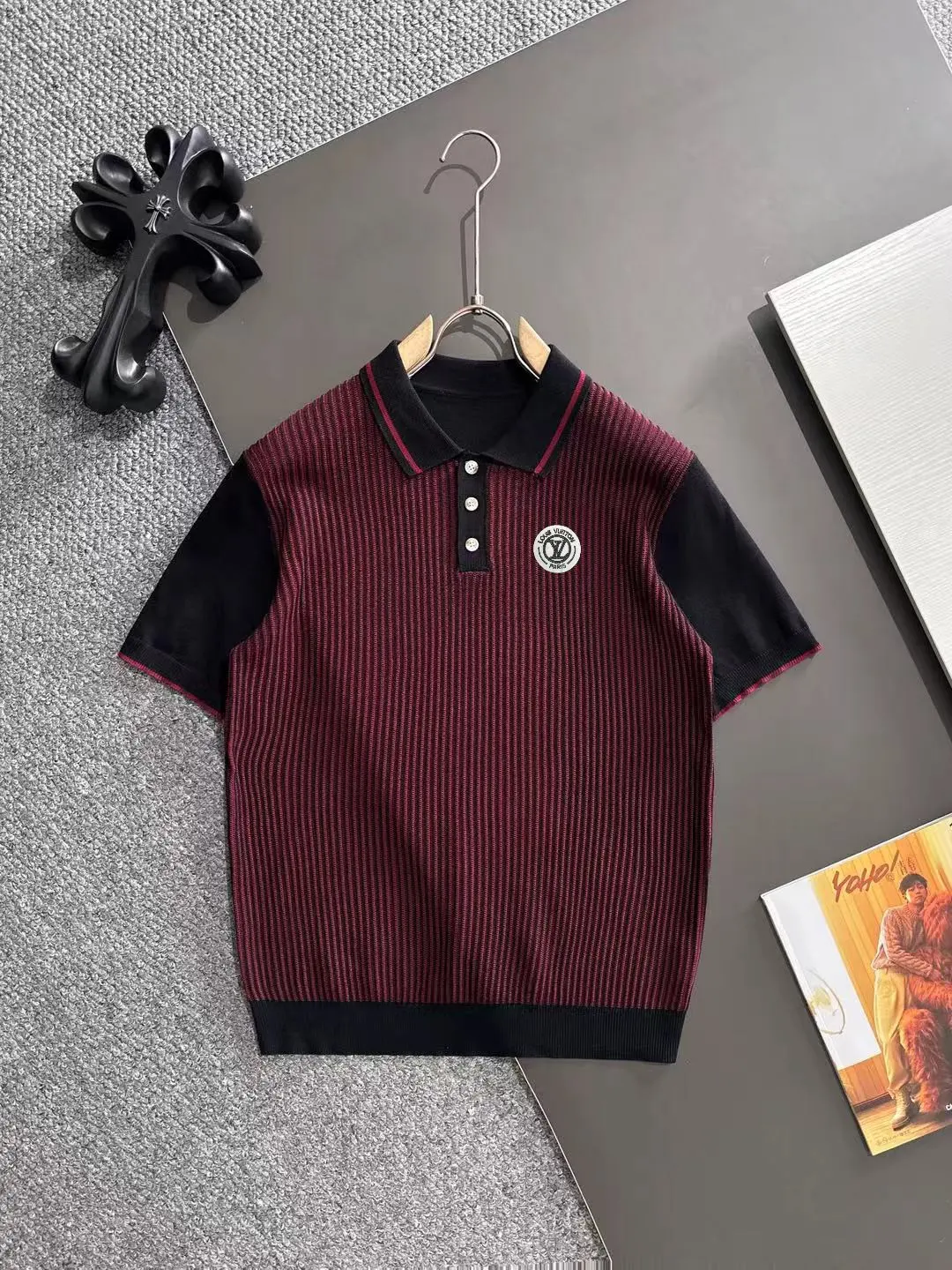 Contrast-Panel Ribbed Knit Polo Shirt D20014849