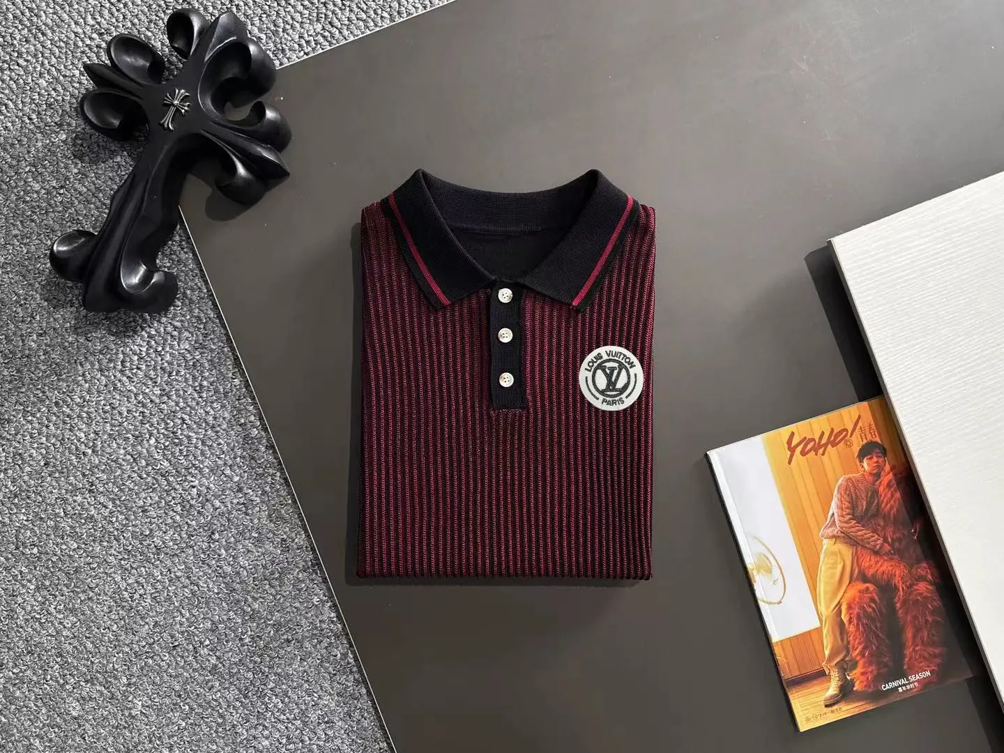 Contrast-Panel Ribbed Knit Polo Shirt D20014849 — view 8