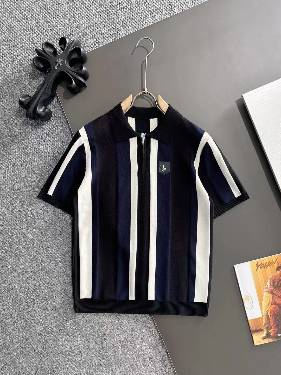 Striped Knit Half-Zip Polo Shirt D21013186