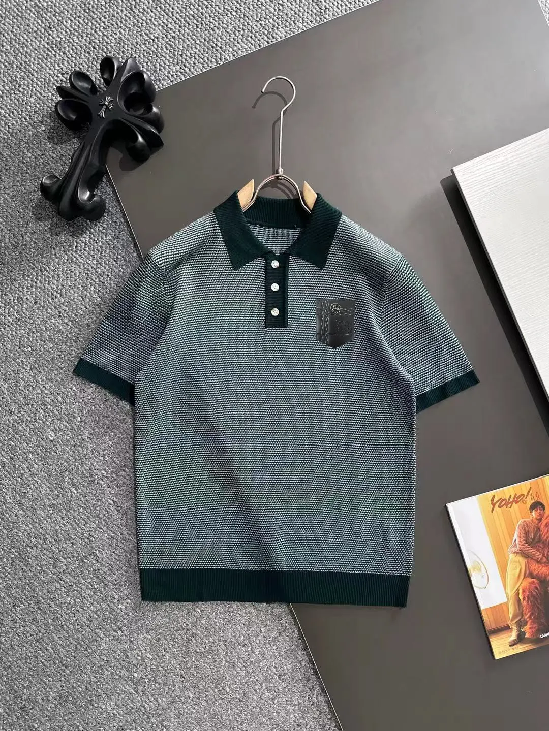 Contrast-Collar Textured Knit Polo Shirt D21013189