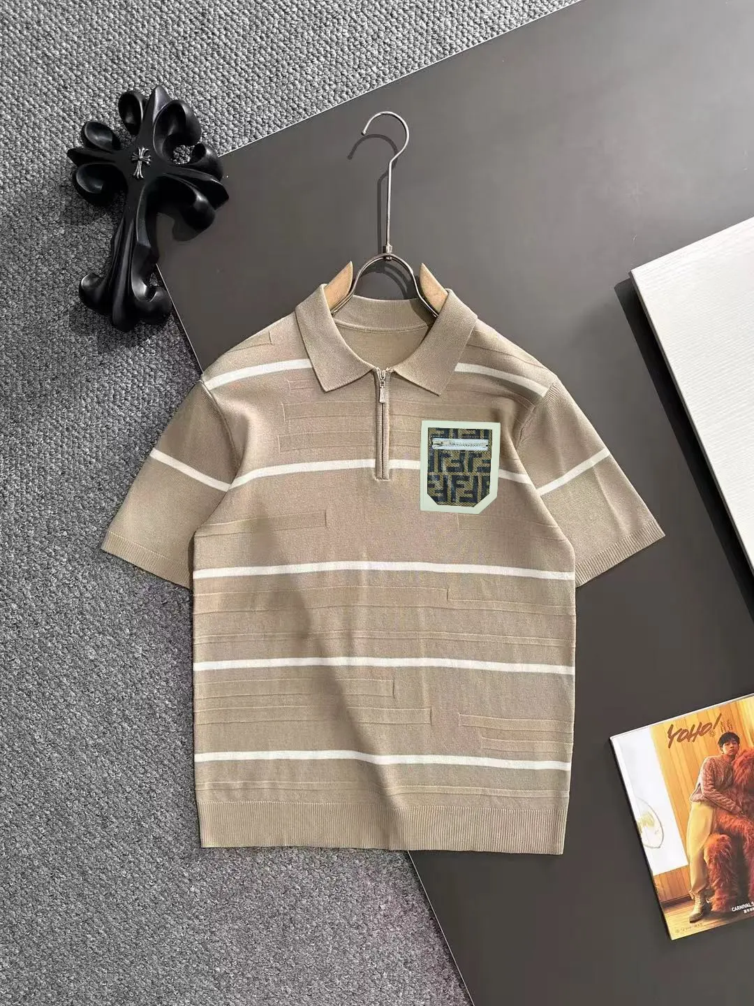 Striped Knit Half-Zip Polo Shirt D21013181