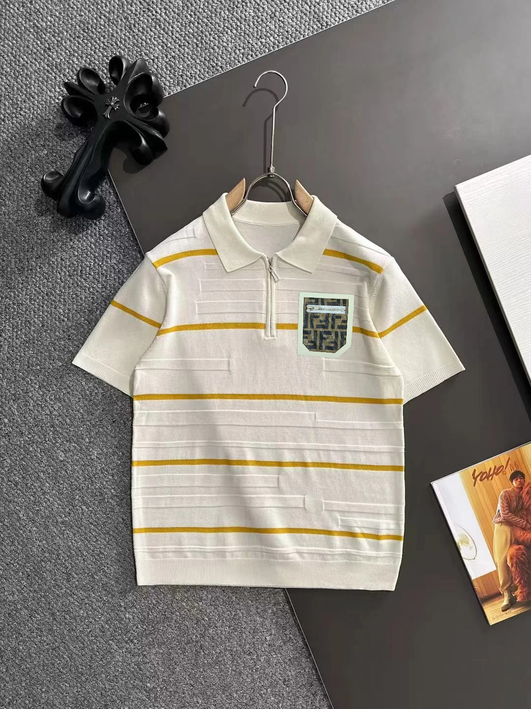 Striped Textured Knit Half-Zip Polo Shirt D21013182