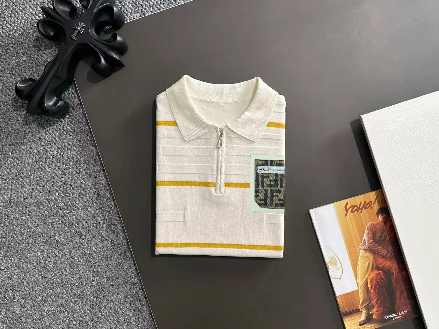 Striped Textured Knit Half-Zip Polo Shirt D21013182 — view 8