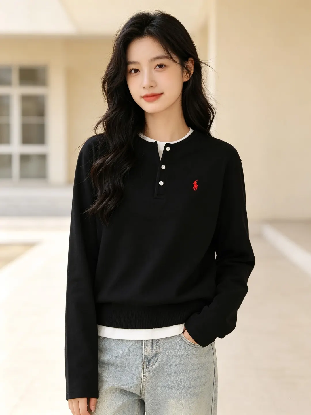 Long-Sleeved Cotton Henley Polo Shirt D17021424 — view 29