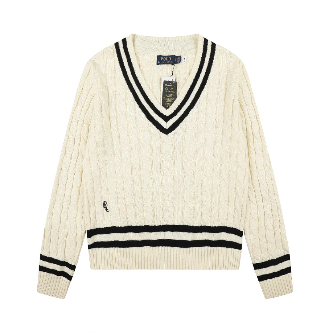 Striped V-Neck Cable-Knit Sweater D17521655