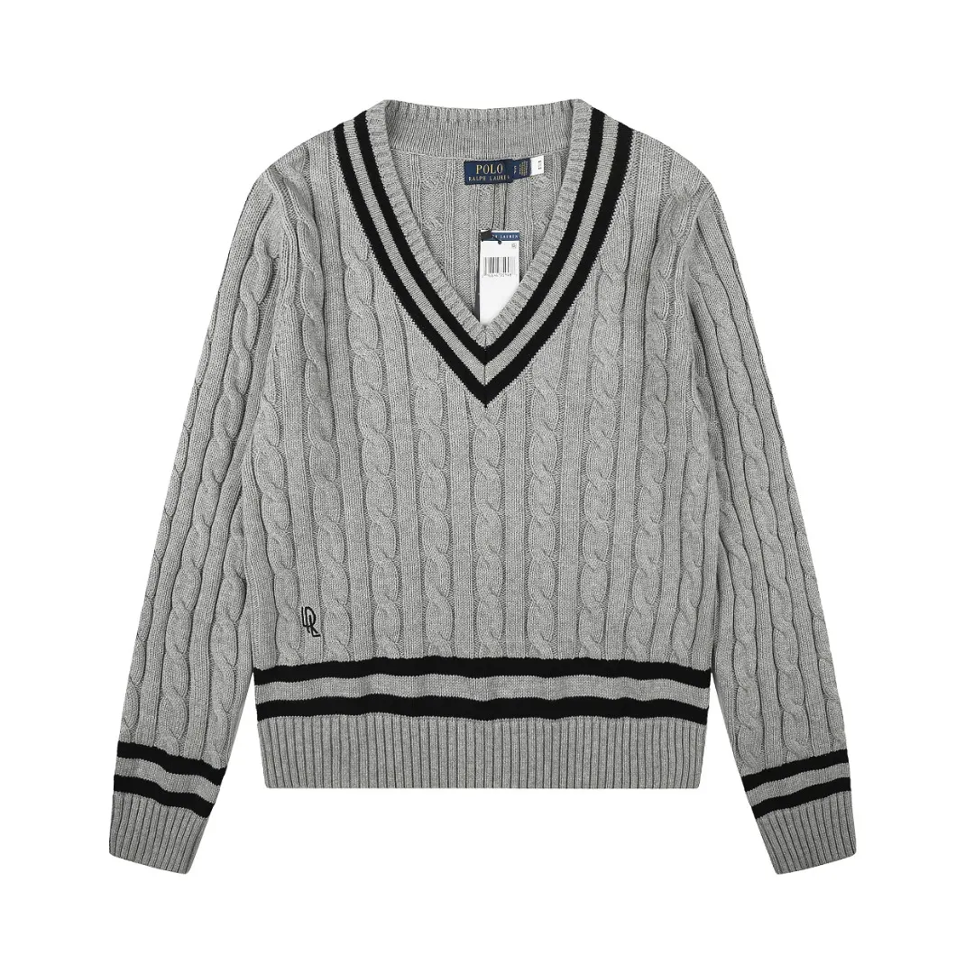 Striped V-Neck Cable-Knit Sweater D17521654